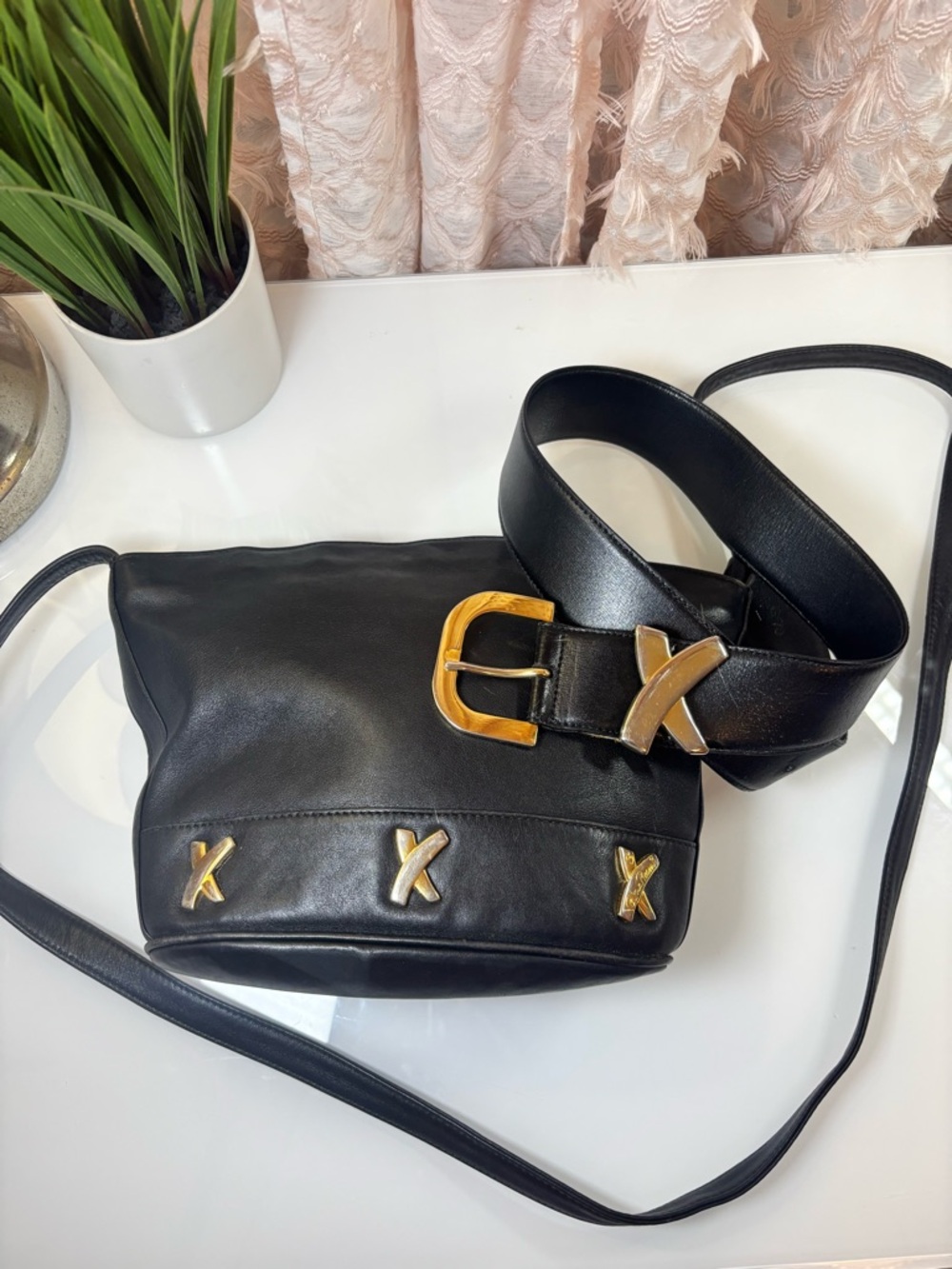 Vintage Paloma Picasso Black Leather Crossbody with Gold X Accents